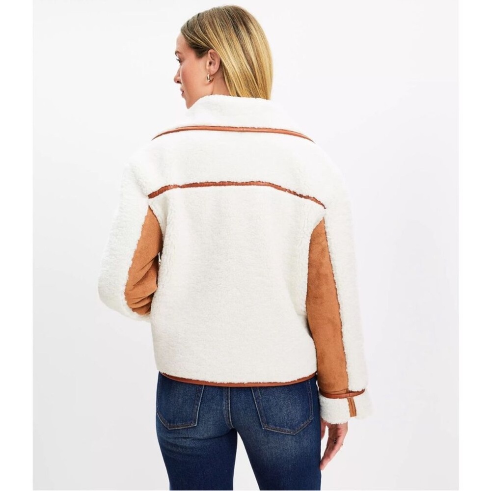 LOFT Cream and Brown Faux Shearling Moto Jacket NWT - Picture 3 of 8